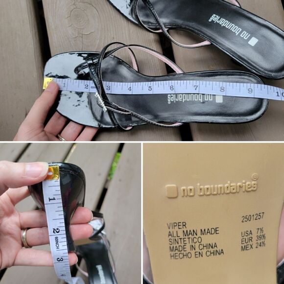 Vintage 90s Y2K Black Faux Leather Rhinestone Rachel Green Kitten Heel Sandals - Picture 8 of 9